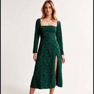 Abercrombie & Fitch Green Leaf Square Neck Side Slit Long Sleeve Midi Dress S- P